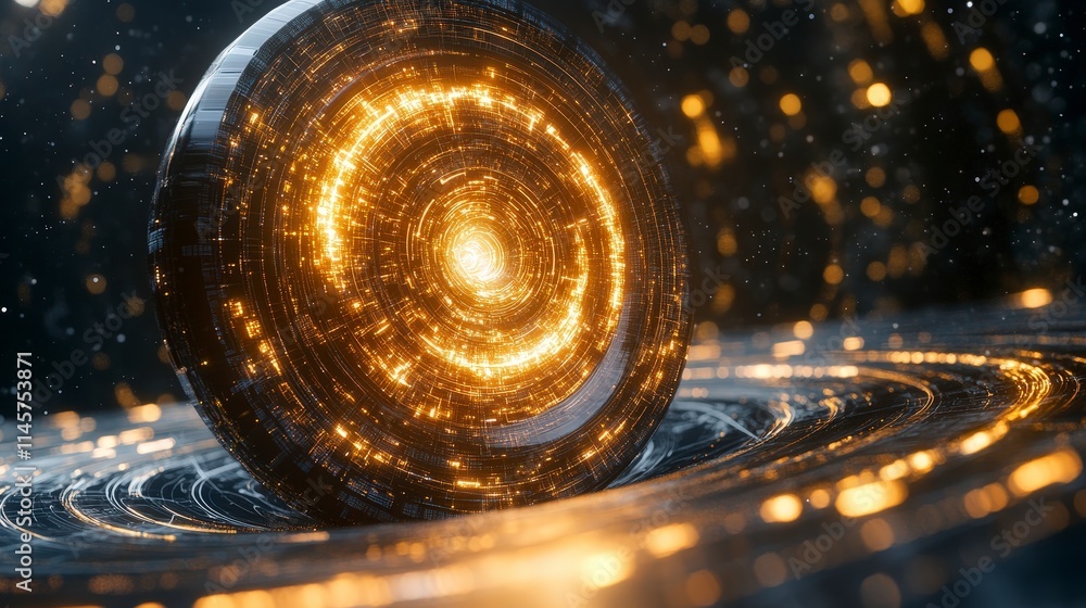 Poster a dark sphere with glowing orange concentric circles sits in a matching dish. light particles float 