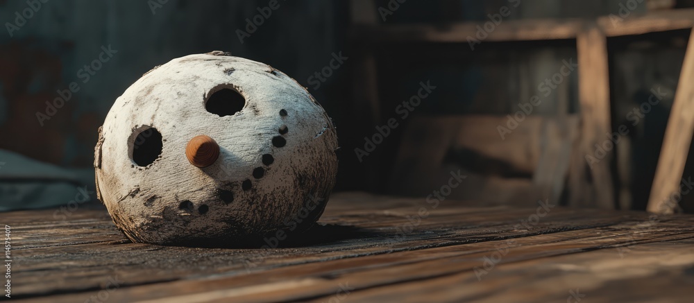 Poster close up of a weathered snowman head resting on a rustic wooden table with a charming smile and simp
