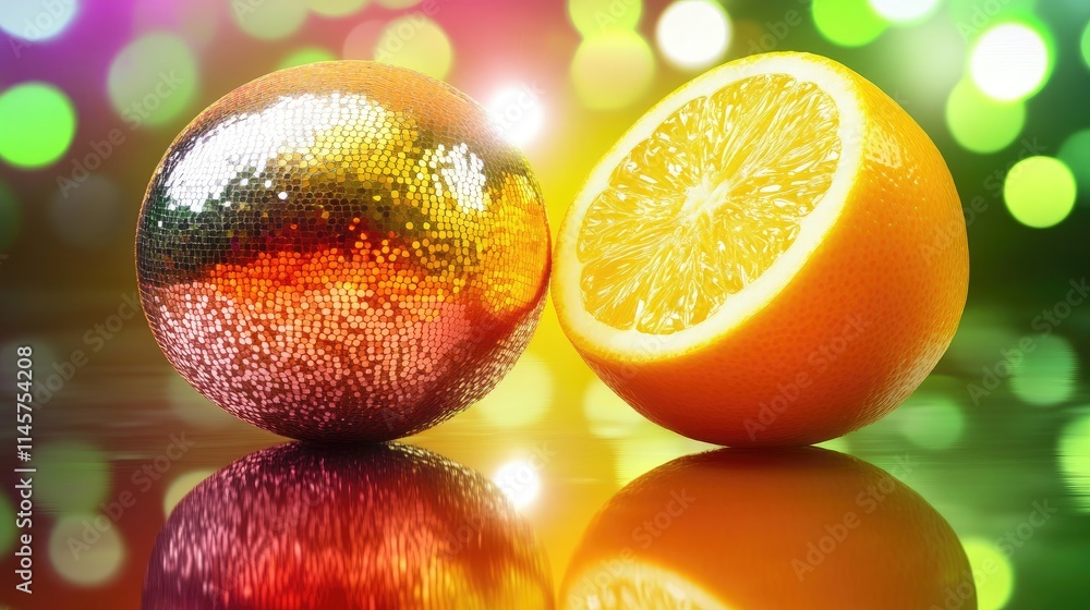 Poster disco themed image featuring a shiny disco ball next to a fresh orange on a colorful bokeh backgroun