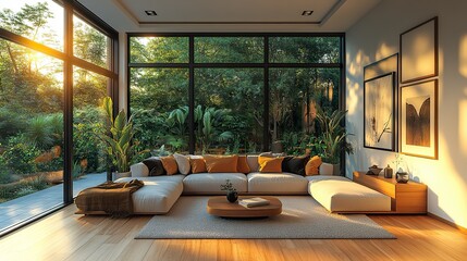 Empty frames in a living room with light and mockup space.
