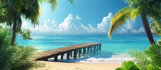 Naklejka premium Tranquil wooden pier extending into a picturesque turquoise sea surrounded by lush tropical palm trees and vibrant blue skies.