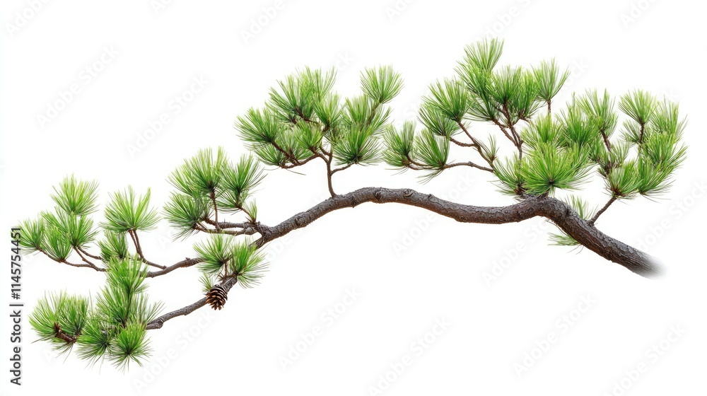 Poster pine tree branch with fresh green needles and cone isolated on a bright white background for botanic