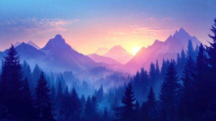Obraz premium Stunning panoramic mountain landscape at sunrise with silhouette peaks emerging through morning fog and vibrant blue and purple hues.