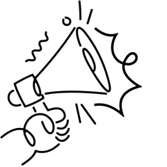 Vector illustration design icon hand holding speaker, line drawing style, black and white color.