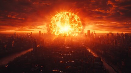 Explosion, destruction, armageddon in a city from nuclear attack with fire and smoke represent an abstract background, war flame, bomb impact in a street, death, and burning from an atom weapon.