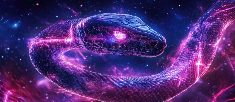 Creative representation of a digital python snake symbolizing software development and data analytics with vibrant cosmic elements