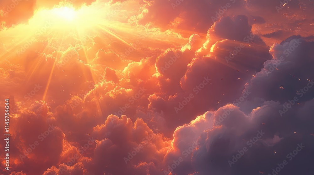 Poster dramatic sky with sunlight breaking through vibrant clouds creating an enchanting atmosphere of ligh