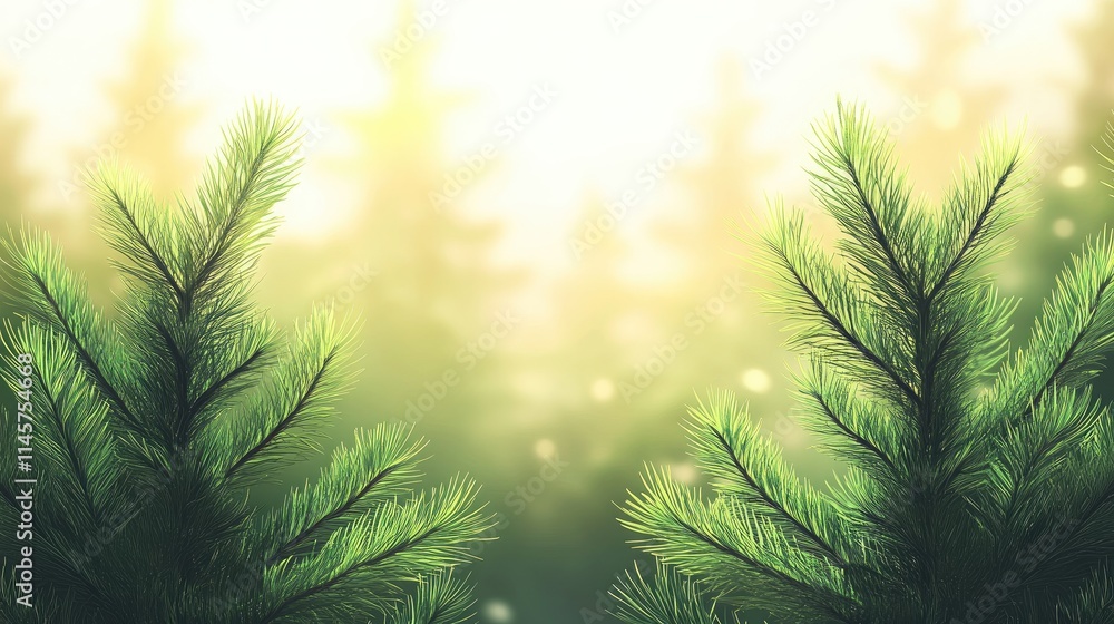 Poster blurred background of green pine tree sprigs creating a serene and natural atmosphere for design or 