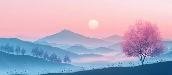 Tranquil sunrise over misty mountains with soft pastel skies and blooming trees enhancing the serene landscape ambiance.