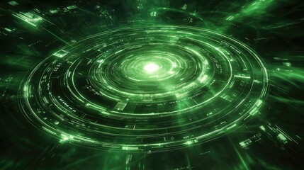 Rotating green shapes with scanner beams in a digital server room showcasing AI processing and data communication in a futuristic interface