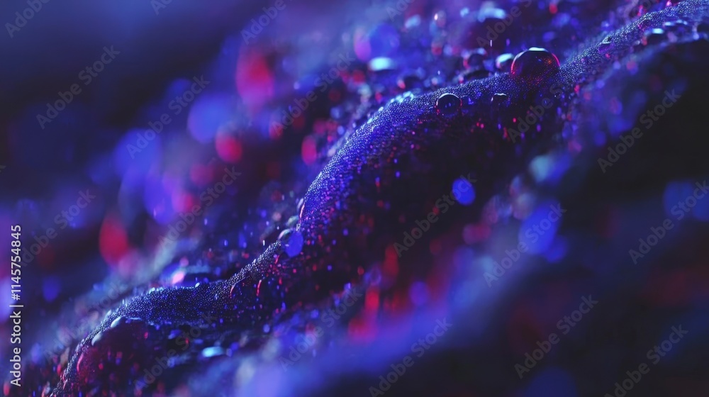 Poster a close-up macro photograph captures water droplets on a textured surface illuminated by vibrant blu