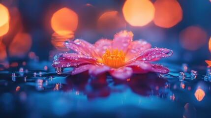 A close-up of a pink flower with droplets, set against a blurred, colorful background.