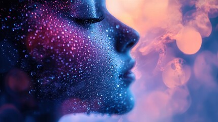 A close-up of a woman's profile with droplets and colorful bokeh effects.
