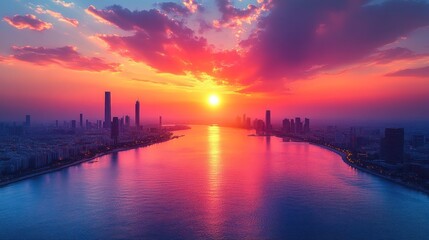 Naklejka premium Vibrant sunset over a city skyline and river.