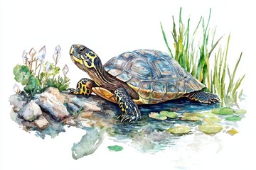 Obraz premium A beautifully illustrated turtle resting by a serene pond surrounded by greenery and flowers, showcasing nature's tranquility.