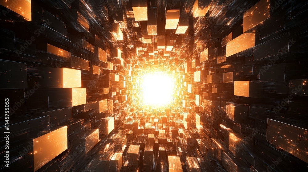 Poster a tunnel of dark rectangular prisms with glowing orange edges converges towards a bright light at th