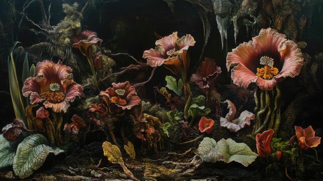 False hellbore flowers in bloom surrounded by lush greenery showcasing the beauty and danger of toxic plants in a dark, atmospheric setting.