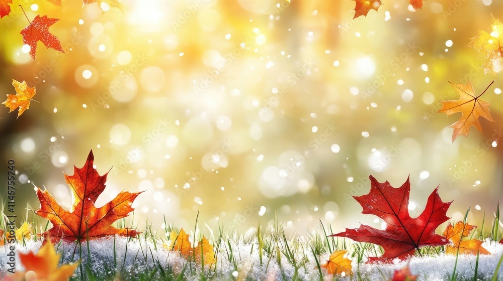 Poster autumn scene with colorful fall leaves on a dusting of snow against a warm background bokeh light