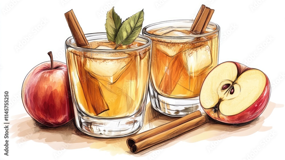 Poster refreshing apple juice infused with cinnamon served in glass with whole and sliced apples on a light