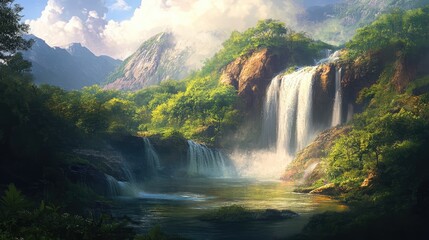Fototapeta premium Serene landscape of a cascading waterfall surrounded by lush greenery and mountains in a tranquil conservation park setting