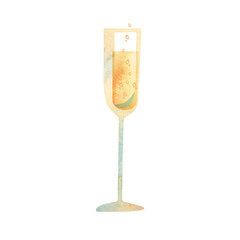 Tall glass full of sparkling white wine. Champagne. Alcoholic drink for celebration. Winemaking. Isolated watercolor illustration
