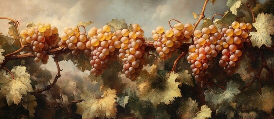 Obraz premium Golden ripe grapes hanging on vines in a picturesque vineyard landscape ready for harvest with lush green leaves and soft dramatic sky