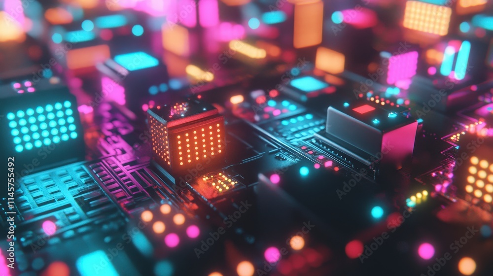 Poster a vibrant close-up of a futuristic circuit board with glowing components in various colors. the scen