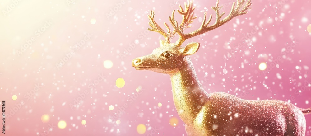 Aufkleber golden reindeer stands majestically against a soft pink background with sparkling bokeh and festive 