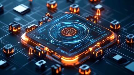 futuristic tech chip interface 3d render - abstract technology