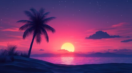 A serene sunset over the ocean with a palm tree silhouette, evoking tranquility and beauty.