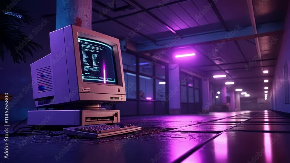 Poster a lone crt monitor glimmers in the darkness its screen displaying a nostalgic menu screen while a vi