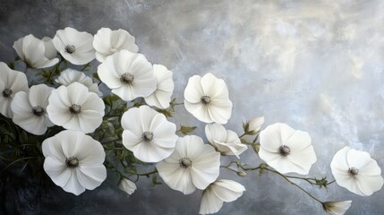 Elegant white flowers in a soft gray background highlighting their delicate petals and natural beauty for decor and design inspiration.