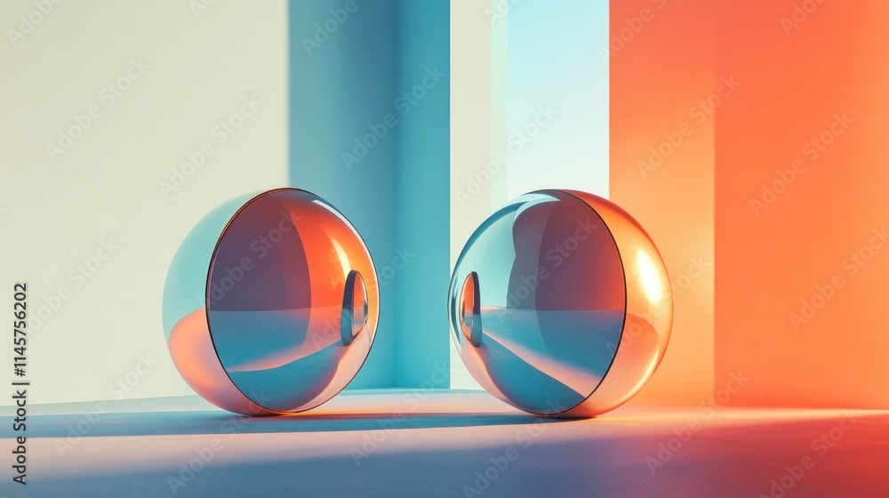 Poster two reflective spheres in a minimalist setting with colorful lighting.