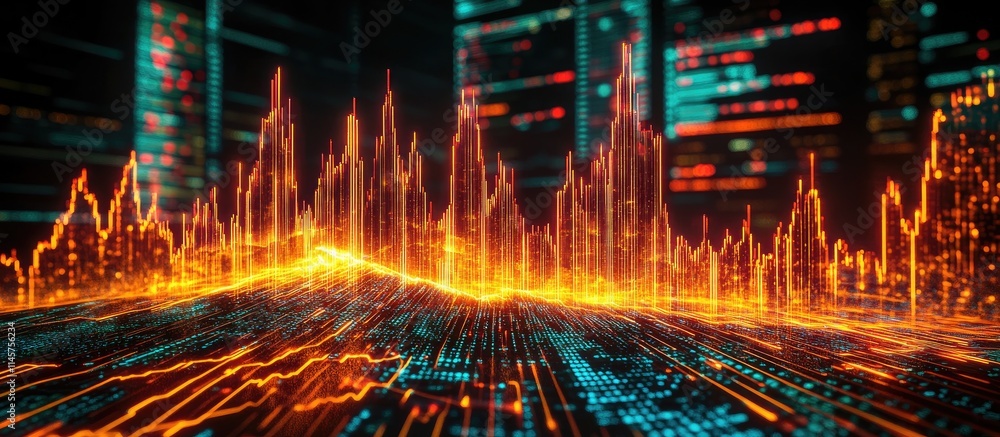 Poster forex hologram display on table with glowing market graph and digital screen representing financial 