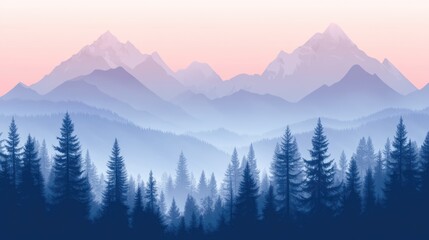Obraz premium Tranquil pine forest landscape in misty mountains at dawn with serene blue and pink hues creating a peaceful atmosphere