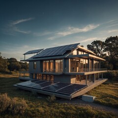 Obraz premium A futuristic modular home with solar panels.