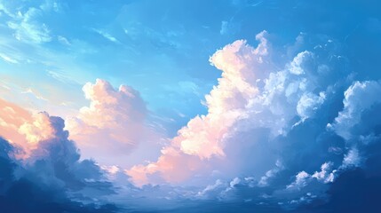 Serene sky with fluffy clouds illuminated by soft sunlight at dusk creating a tranquil and picturesque atmosphere