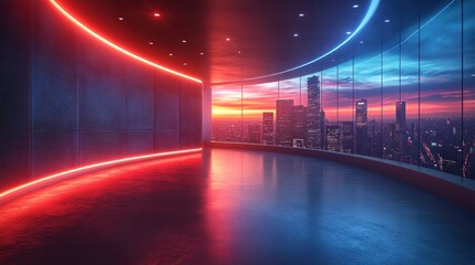 Obraz premium Modern interior with city view at sunset.