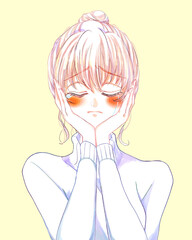 うれし泣きしている女性　顔に手　噛み締める