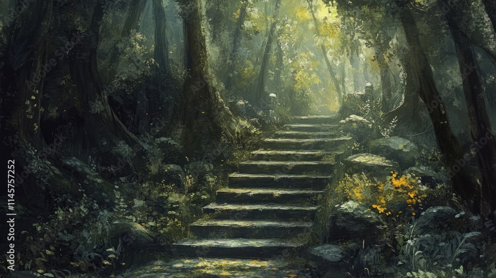 Aufkleber enchanting forest stairs surrounded by lush greenery and soft sunlight filtering through the trees c