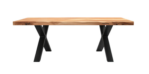 Long wooden table with steel legs, simple style, isolated on white background.