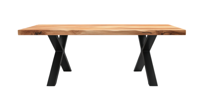 Long wooden table with steel legs, simple style, isolated on white background.