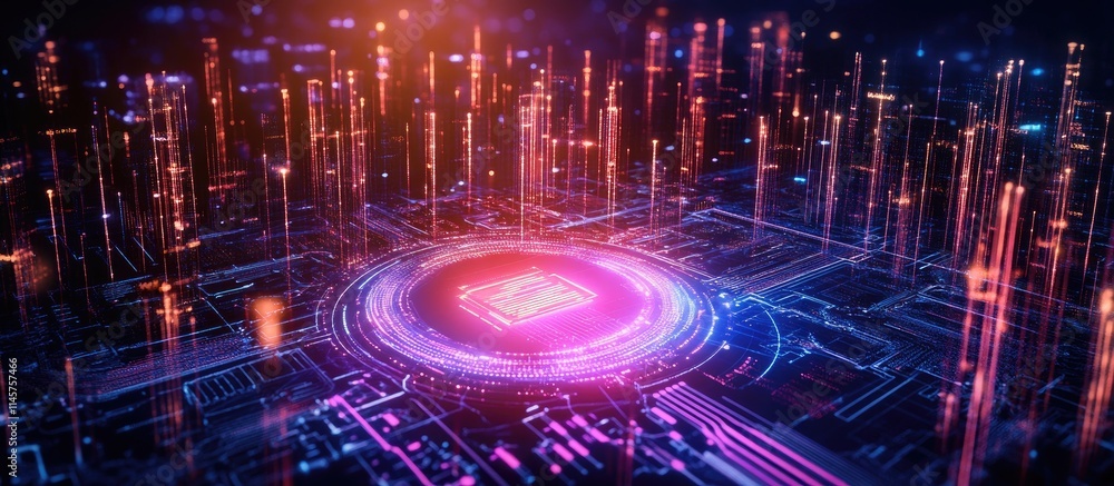 Poster futuristic digital network technology with vibrant neon lights symbolizing cybersecurity, data prote