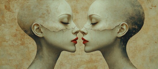 Two stylized figures face each other, showcasing a surreal blend of beauty and fragility.