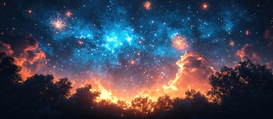 Fototapeta premium Dramatic Night Sky Illuminated by Fireworks and Stars Over Silhouetted Trees