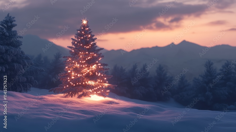 Poster illuminated christmas tree in a snowy landscape at sunset with mountains in the background creating 