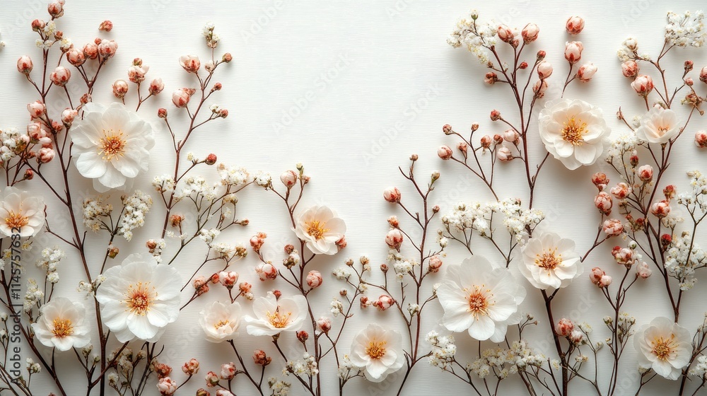 Poster delicate twig arrangement with small white flowers on a soft white background creating ample copy sp