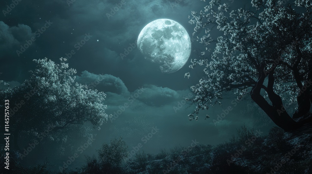 Poster super moon glowing in a dark night sky surrounded by trees and clouds creating a mystical and serene