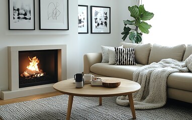 Cozy living room with fireplace, beige sofa, coffee table, and art prints.