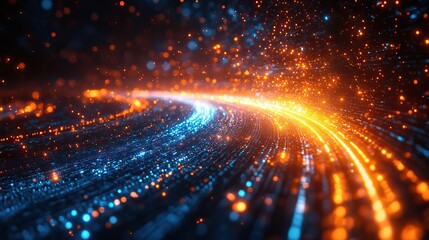 Obraz premium Futuristic abstract digital technology represents networking, optics, speed, blockchain, and data centers, with light energy and neurons symbolizing machine learning, AI